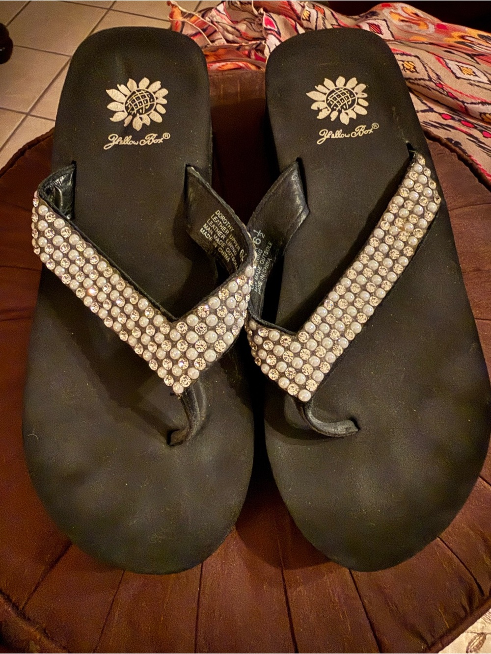 Yellow Box Black Flip Flops with Crystal-Embellished Straps